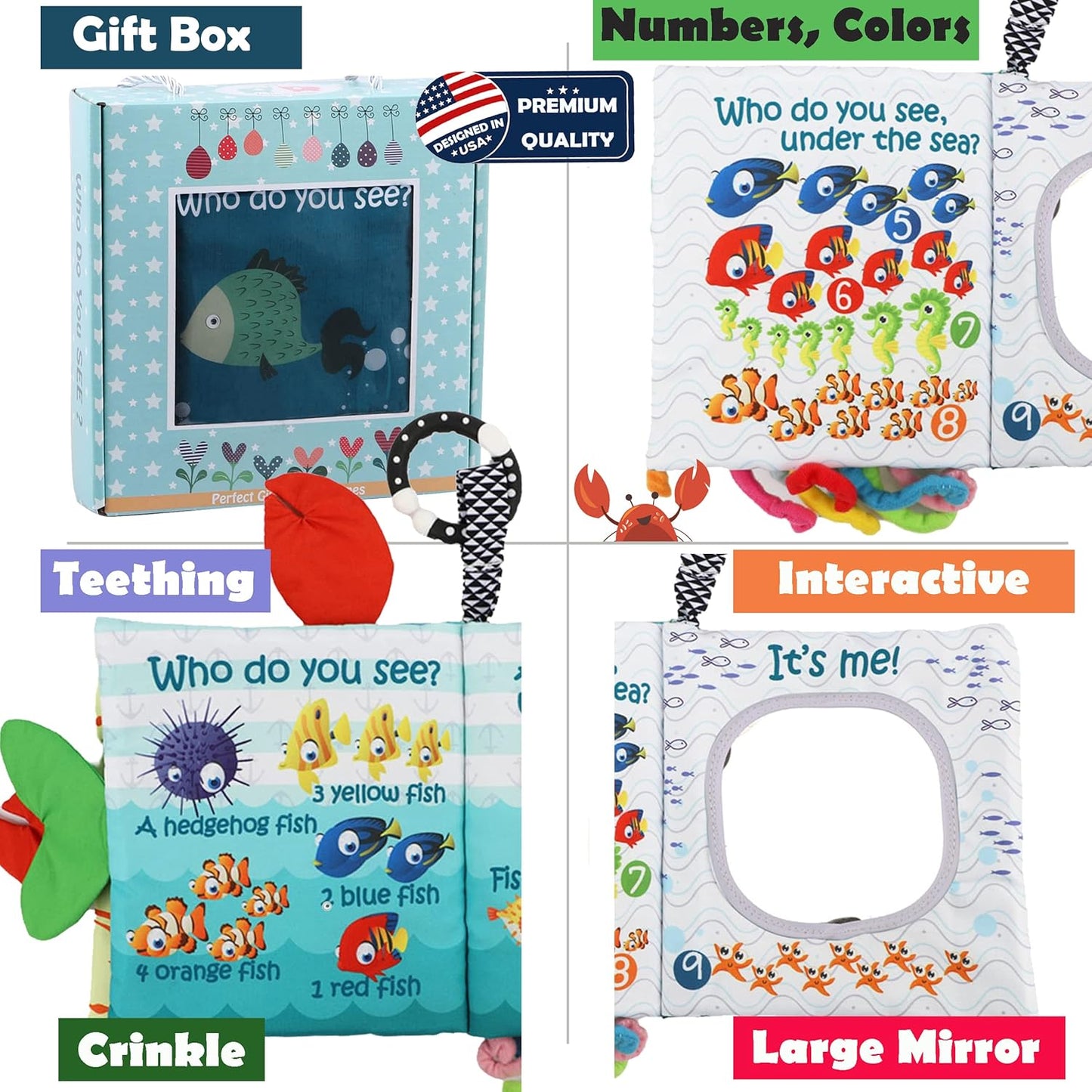 Fish Baby Book 0-6 Months,Touch Feel Cloth Crinkle Books for Babies,Infant Baby Toys 6-12