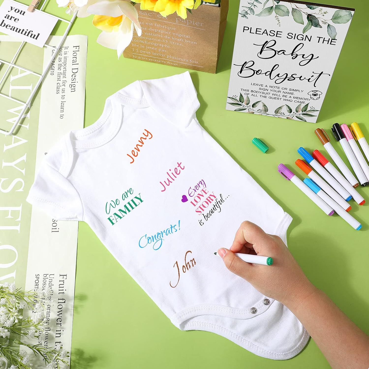 Qunclay 12 Pcs Baby Bodysuit Baby Shower Game Include 1 Game Wooden Sign Tabletop Decor 1 White