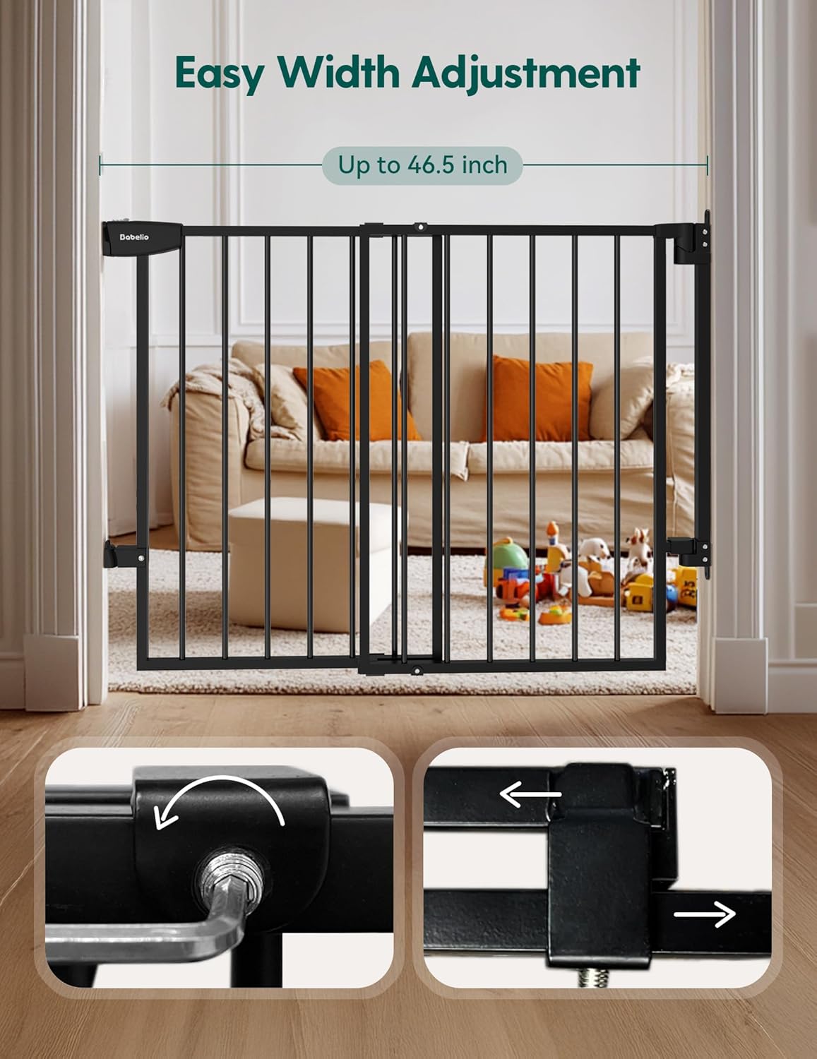 Babelio 29.7-46.5" No Bottom Bar Baby/Dog Gate for Stairs, House and Doorways, Auto Close Safety
