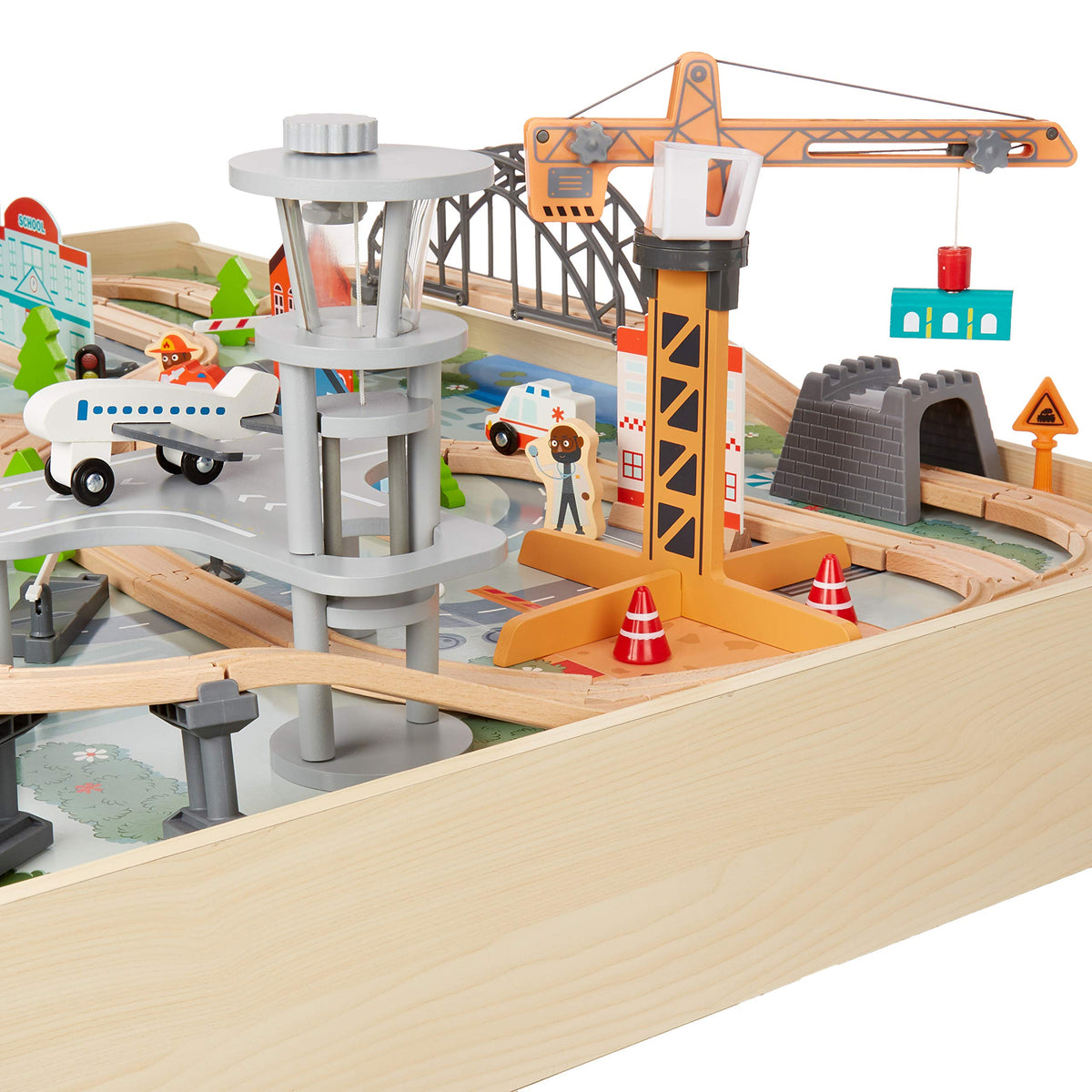 Amazon Basics 120 Piece Wooden Train Set with Activity Table, Sturdy Tracks, Storage Bin, Easy to