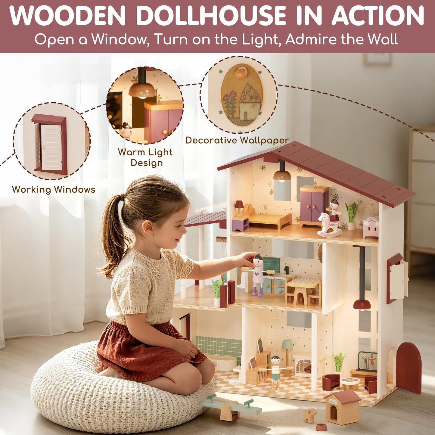 Lehoo Castle Wooden Dollhouse for Girls, Doll House with 5 Rooms DIY Play