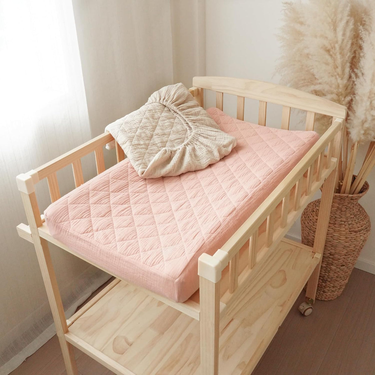 Konssy Waterproof Muslin Changing Pad Cover 2 Pack, Quilted Cotton Fitted Diaper Chang Table Cover