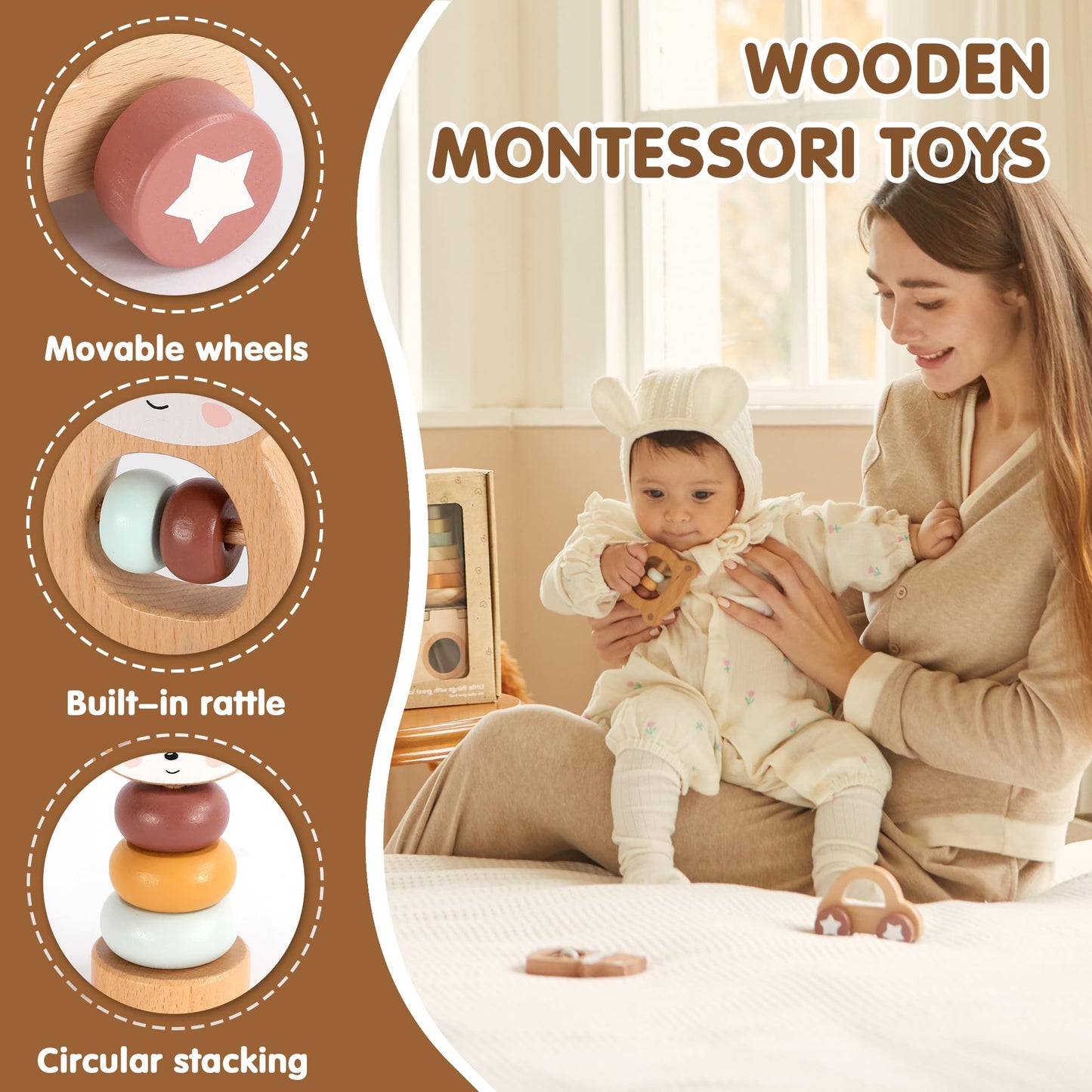 FReniland Wooden Montessori Toys, 5-Piece Wooden Baby Toys, Bear Baby Rattle, Fox Stacking Ring
