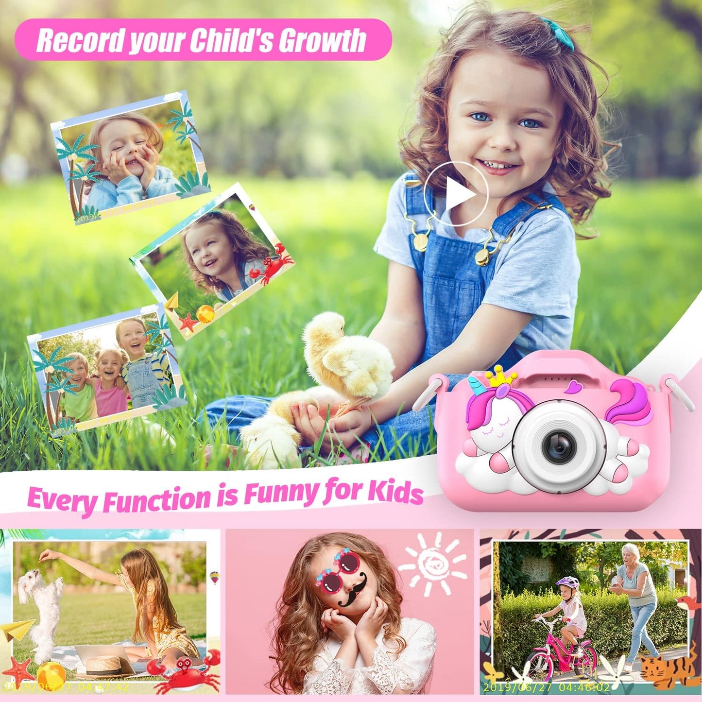 Upgrade Unicorn Kids Camera, Christmas Birthday Gifts for Girls Boys Age 3-12, 1080P HD Selfie
