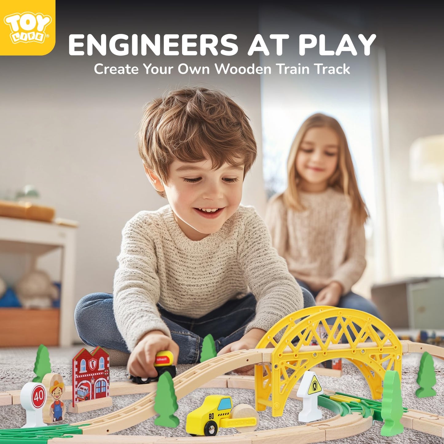 TOY Life Wooden Train Set with Crane, 60-Pc Track, Boys 3-8