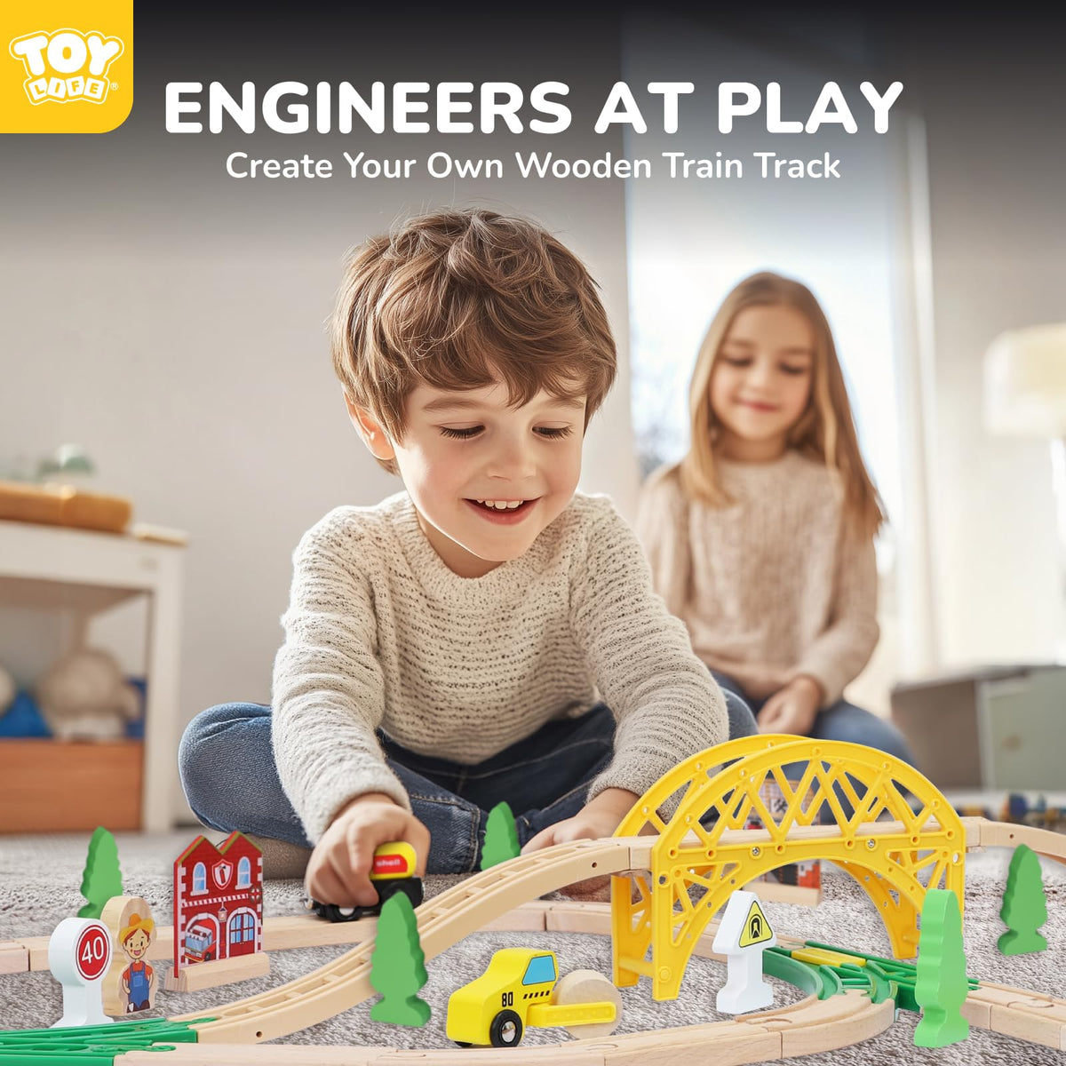 TOY Life Wooden Train Set with Crane, 60-Pc Track, Boys 3-8