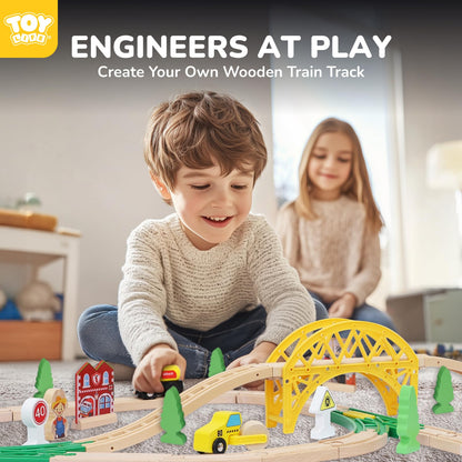TOY Life Wooden Train Set with Crane, 60-Pc Track, Boys 3-8