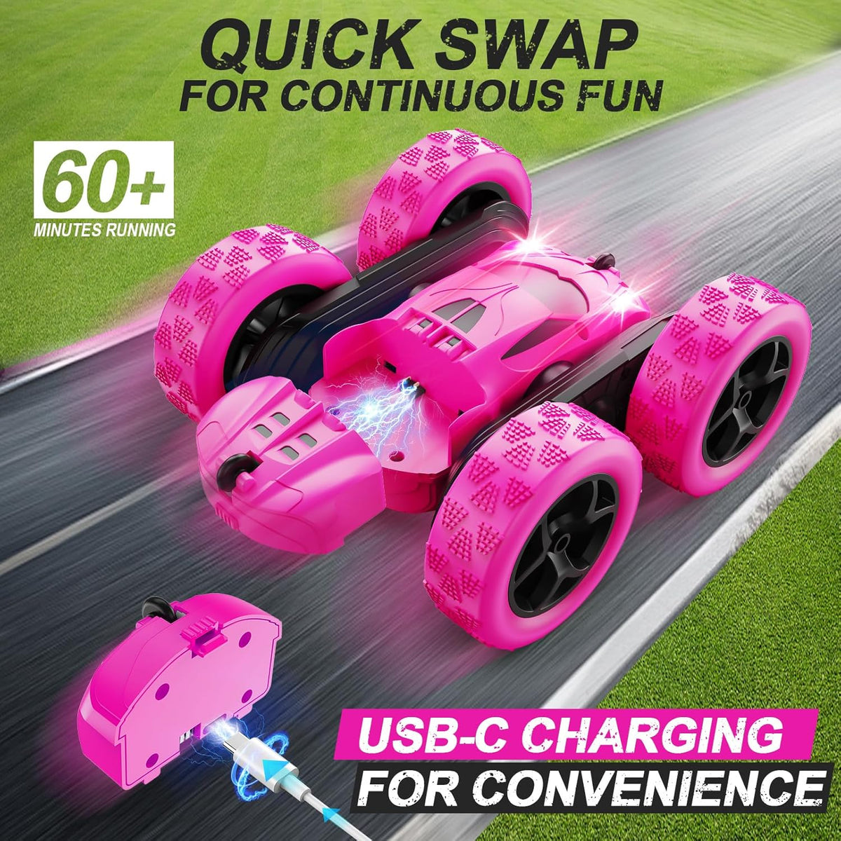 RC Cars, Rose Remote Control Car for Girls, 2.4 GHZ Double Sided RC Stunt Car 360° Rotating Remote
