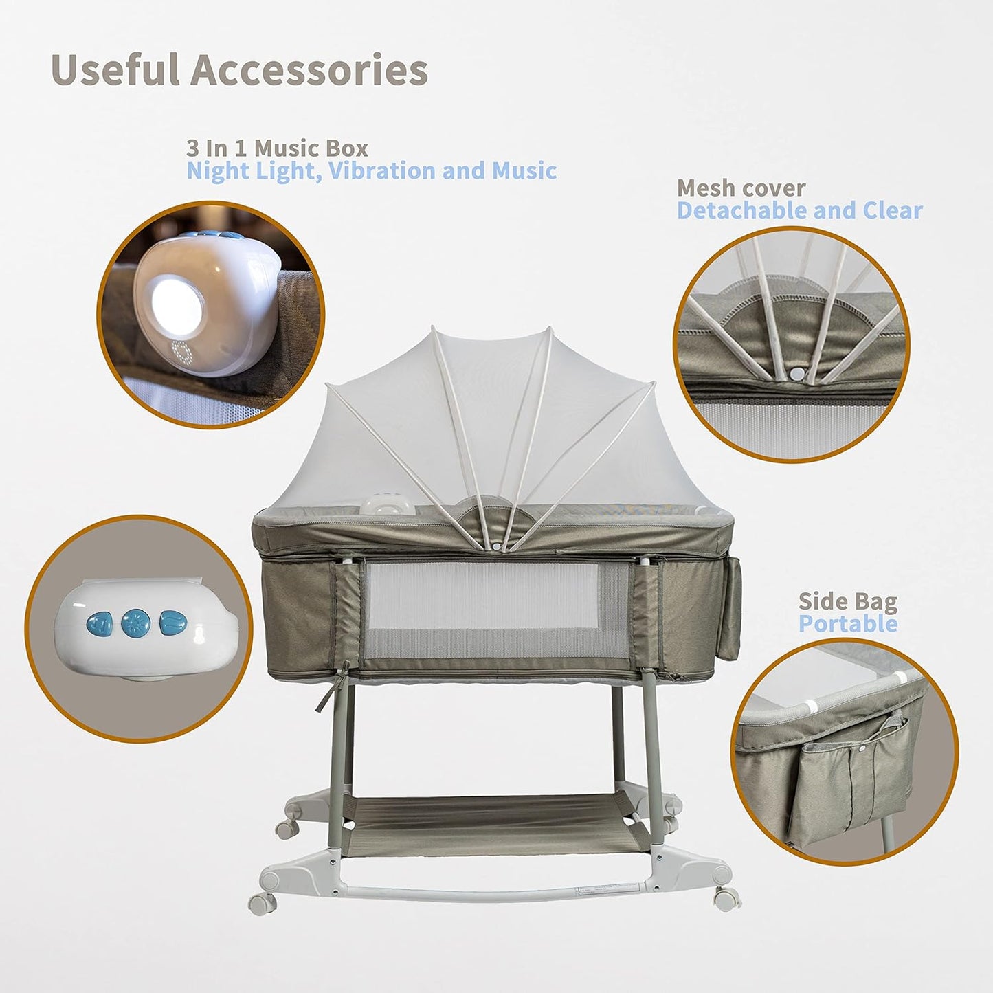 Newborn Portable Bassinet on Wheels for Baby 3 in 1 Bedside Sleeper Rocking Crib Playard with