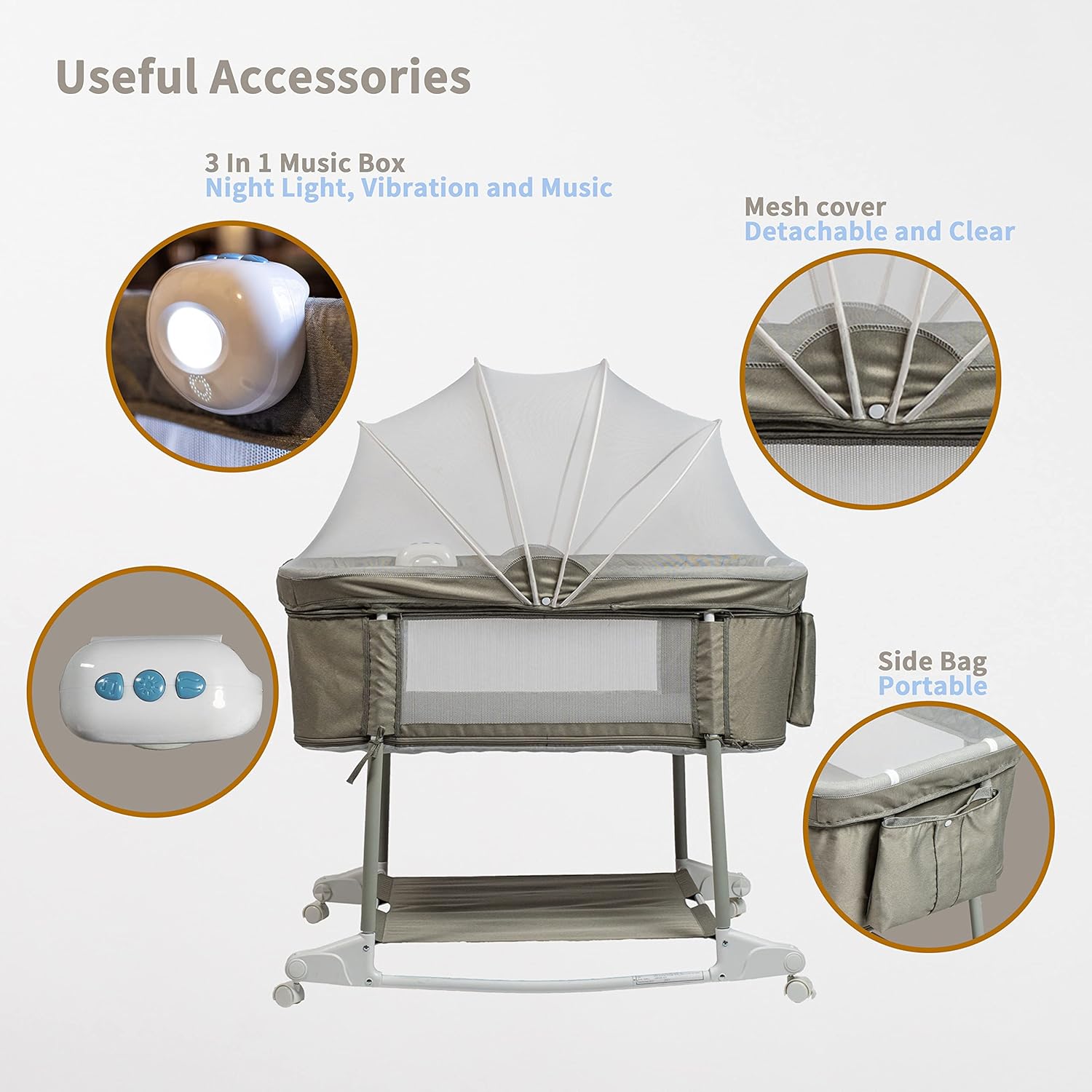 Newborn Portable Bassinet on Wheels for Baby 3 in 1 Bedside Sleeper Rocking Crib Playard with