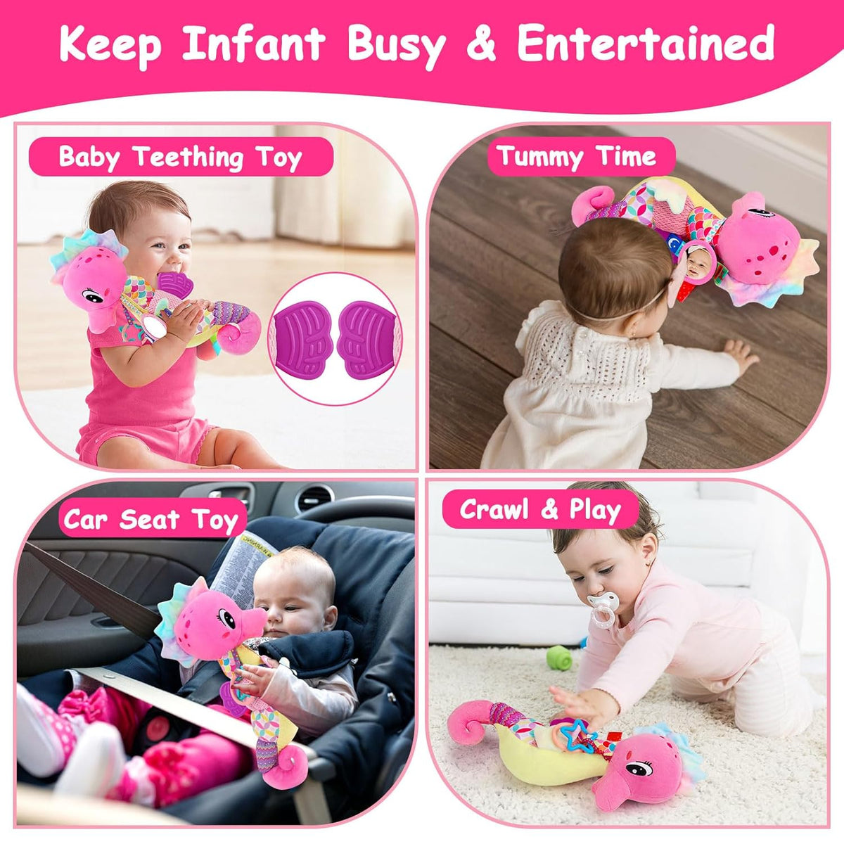 Baby Sensory Toys 0-6 3-6 Months Musical Stuffed Animal Plush Pink Seahorse for Infant 6-12 Month