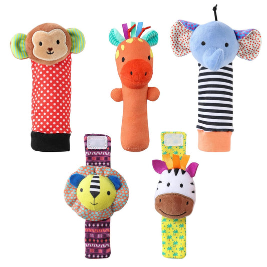 The Peanutshell Sock Rattles Set of 5 - Girl Boy Rattle Socks, Baby Toys 0-6-12 Month, Animal