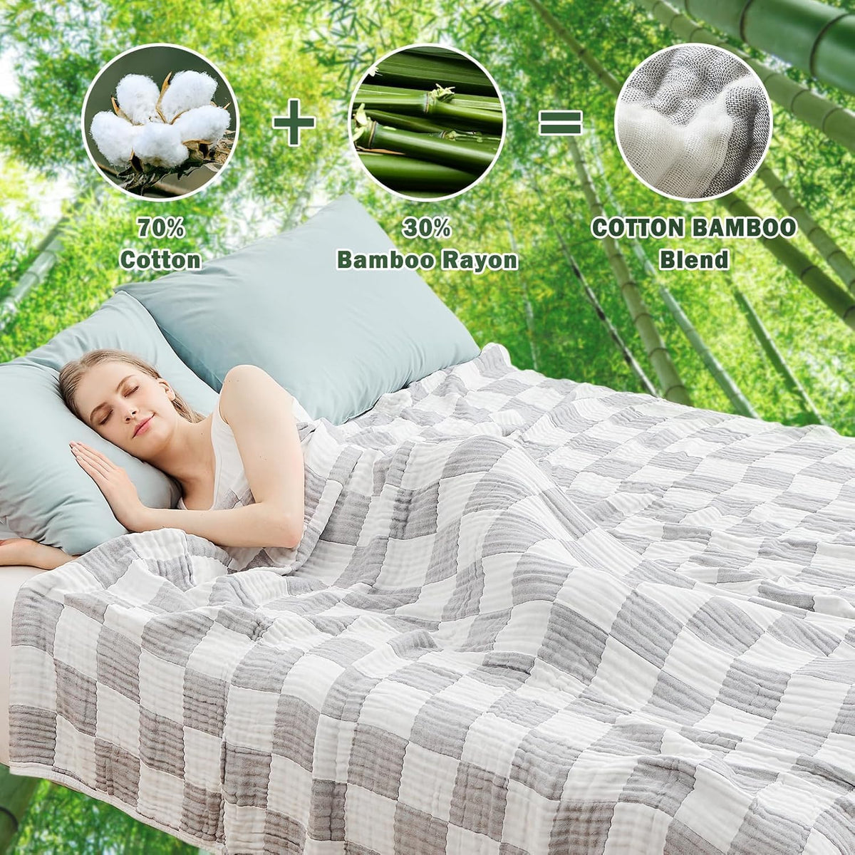 EMME Checkered Cotton Blanket Twin Large 60"x80" 100% Muslin for Couch Breathable Cooling Gauze All