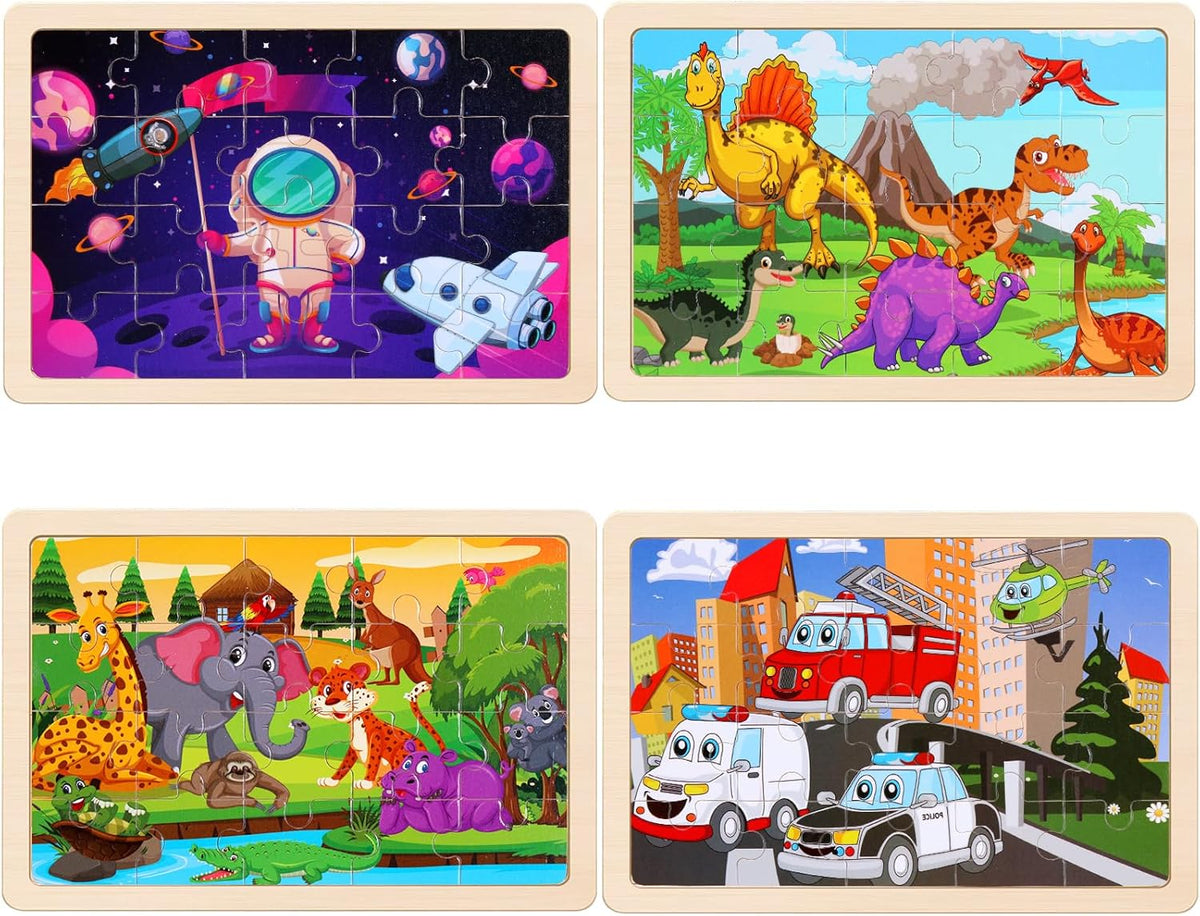 Wooden Puzzles Toys for Kids Ages 3-5, Set of 4 Packs Dinosaur, Space, Transportation Wood Toddler