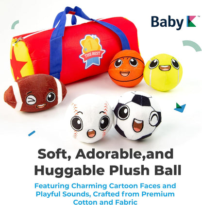 My First Sports Bag with 5 Plush Sports Balls - Rattle Ball with Sound - Sensory Toys for 1 Year