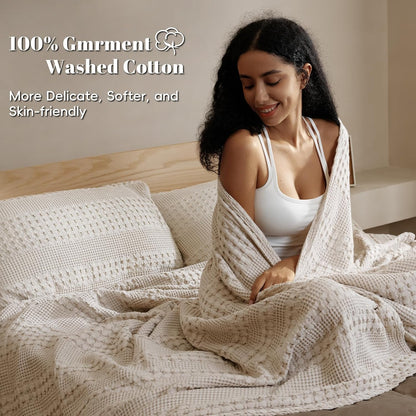 PHF 100% Cotton Waffle Weave Blanket Queen Size, Soft Lightweight Breathable Cozy Summer Blankets