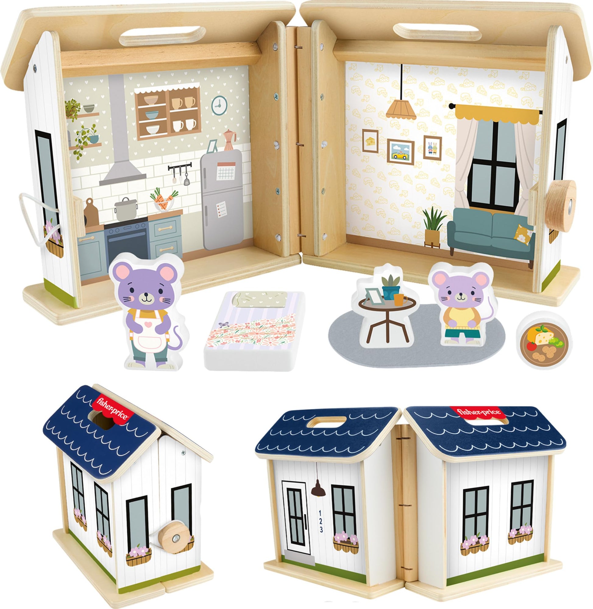 Fisher-Price Wood Pretend Play Toy Dollhouse, 6-Piece Wooden House Playset for Travel Preschool