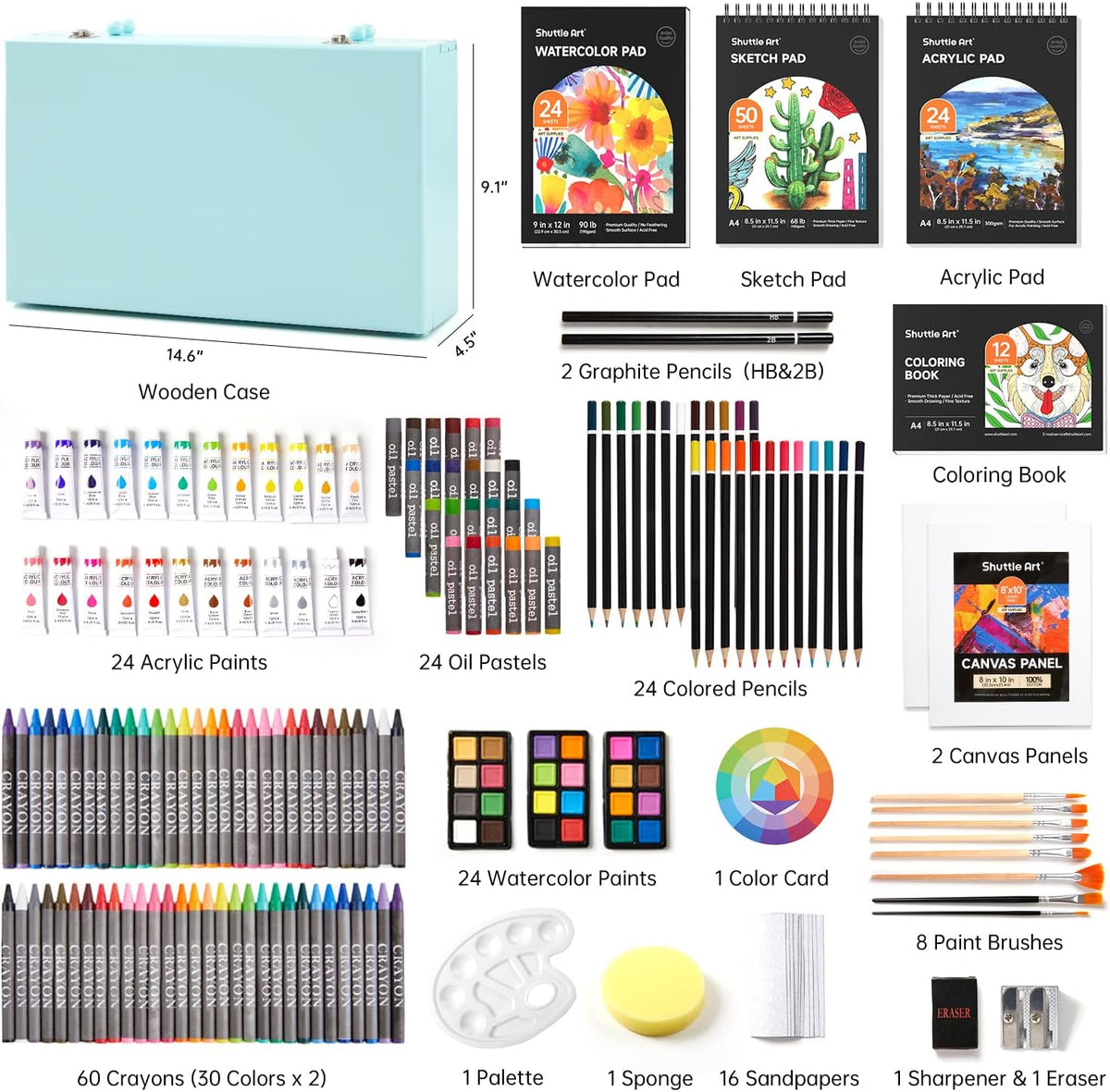 Shuttle Art Deluxe Gift Art Kit, 202-Piece Wooden Art Supplies Set with 4 Drawing Pads, Canvases
