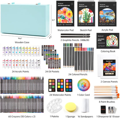Shuttle Art Deluxe Gift Art Kit, 202-Piece Wooden Art Supplies Set with 4 Drawing Pads, Canvases