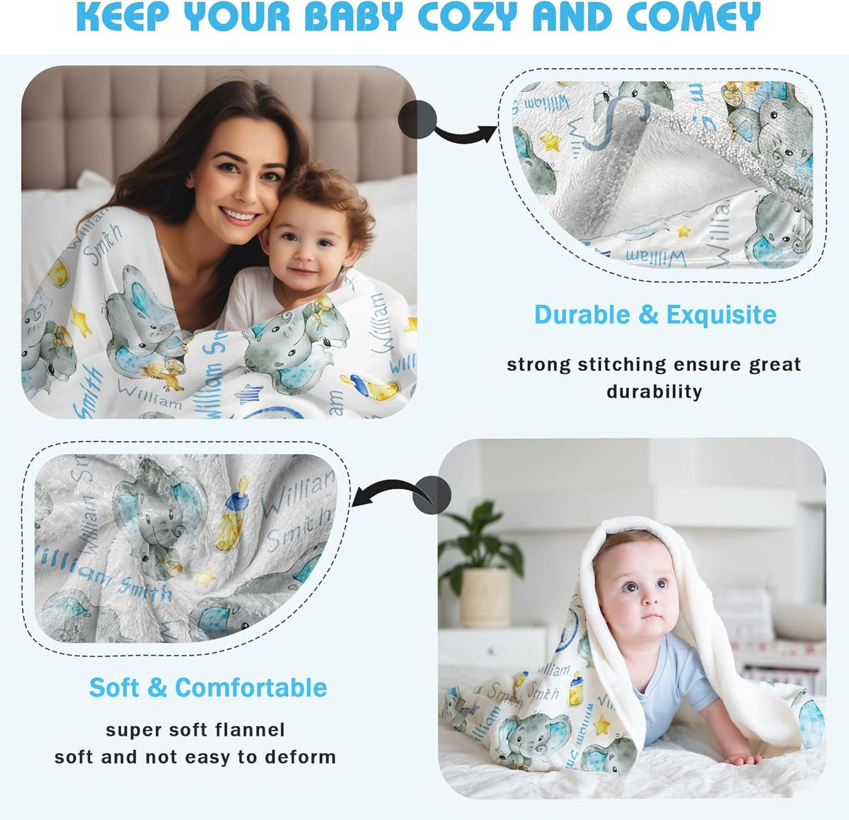 Personalized Elephant Baby Blanket for Boy Girl Custom Name Blanket for Baby Shower Customized
