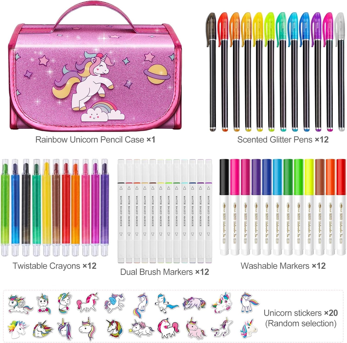 beefunni Unicorn Washable Markers Set 48 pcs with Glitte Pencil Case, Art Supplies for Kids Ages