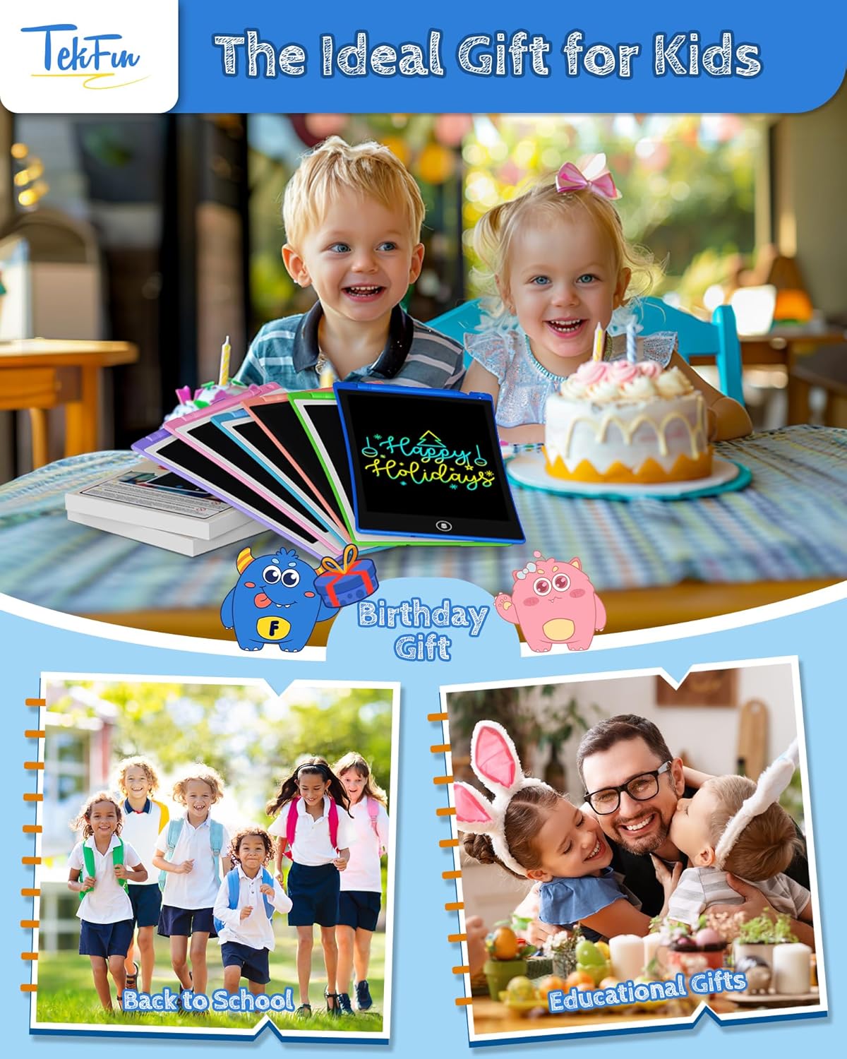 TEKFUN Toys for Kids, 10in 2 Pcs LCD Kids Writing Tablet Erasable Doodle Board Reusable Drawing Pad