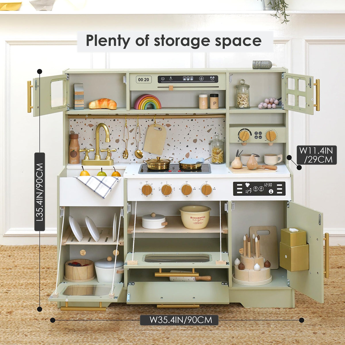 Wooden Play Kitchen with 15 Fun Accessories and Realistic Appliances Green