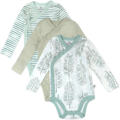 HonestBaby unisex-baby 3-pack Long Sleeve Side-snap Kimono Bodysuits Organic Cotton for Infant Baby