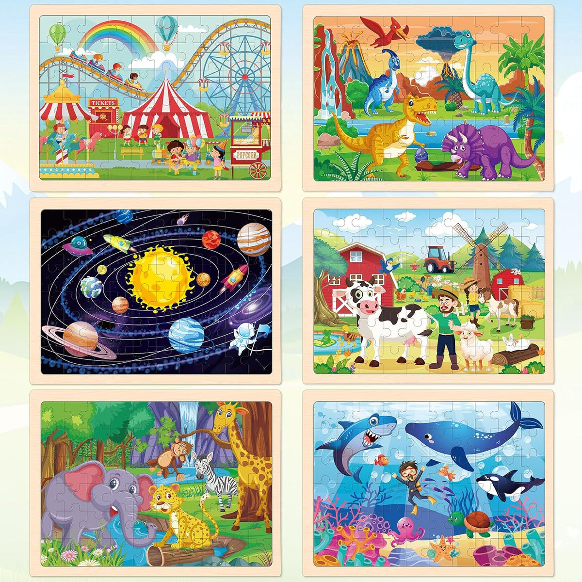 6 Packs Wooden Puzzles for Kids Ages 4-6, 60 Piece Wood Dinosaur Animals Jigsaw Puzzles for