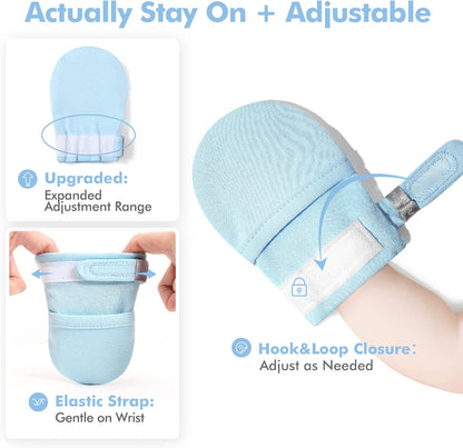 HAPIU Baby No Scratch Mittens Stay On, 100% Cotton Breathable, Adjustable Infant Gloves for Boys