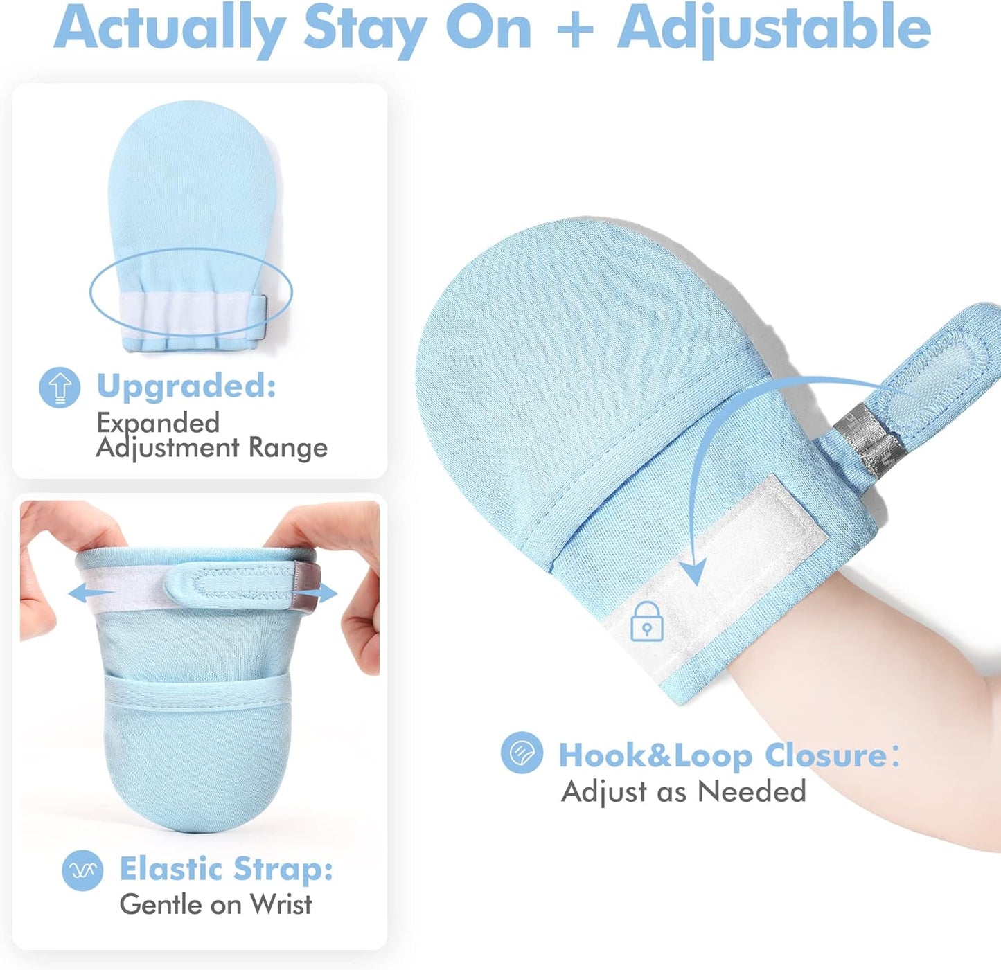 HAPIU Baby No Scratch Mittens Stay On, 100% Cotton Breathable, Adjustable Infant Gloves for Boys