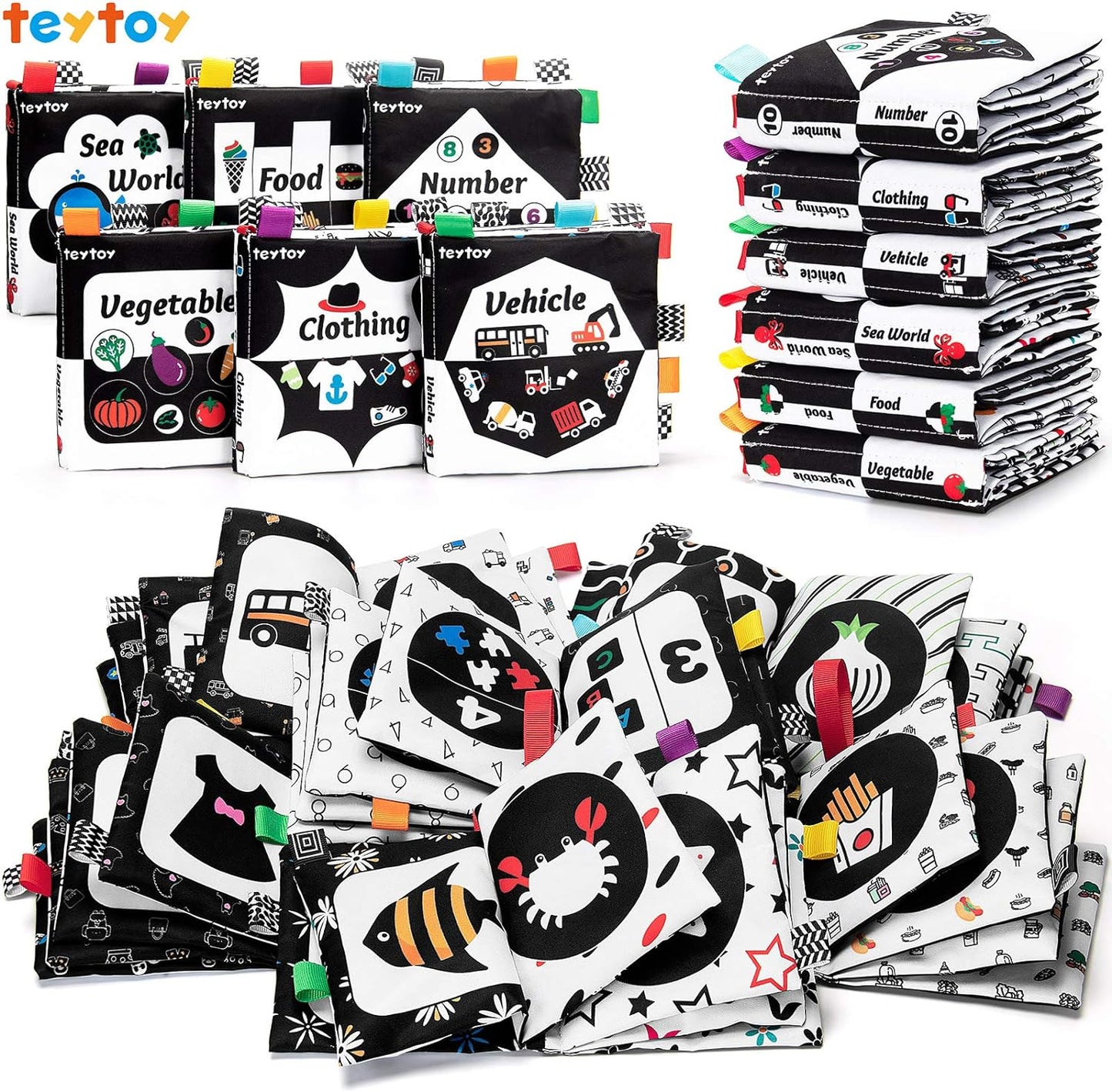teytoy Baby Soft Cloth Book Set 6 PCS, Black and White High Contrast Baby Activity Crinkle Books