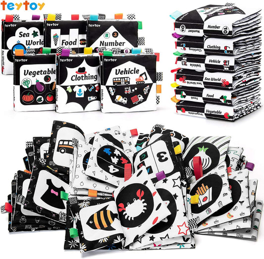 teytoy Baby Soft Cloth Book Set 6 PCS, Black and White High Contrast Baby Activity Crinkle Books
