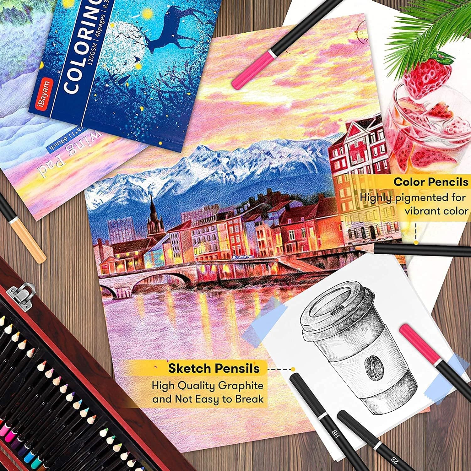 Art Supplies, iBayam 150-Pack Deluxe Wooden Art Set Crafts Drawing Painting Kit with 1 Coloring