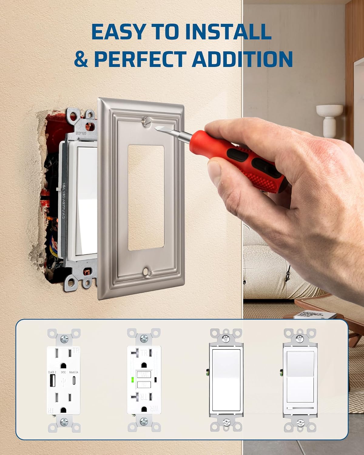 DEWENWILS 4-Pack Metal Wall Outlet Cover, Decorator Wall Plates for Receptacle, GFCI Outlet, Dimmer