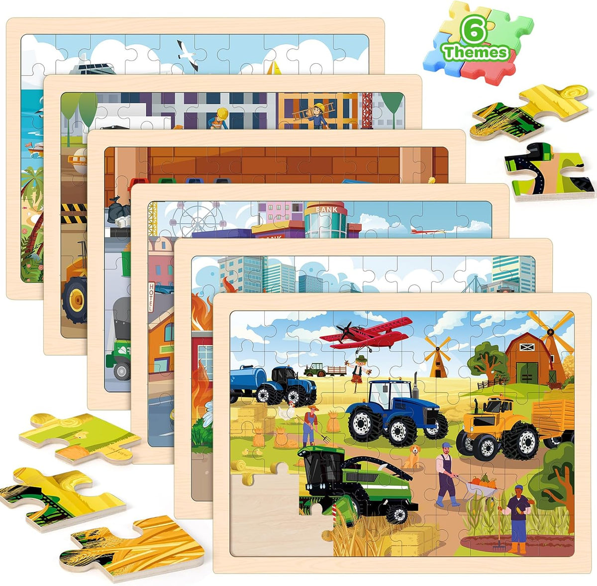 Puzzles for Kids Ages 4-6, 6 Packs 60 Pcs Wooden Jigsaw Puzzles for Kids Ages 6-8, Preschool