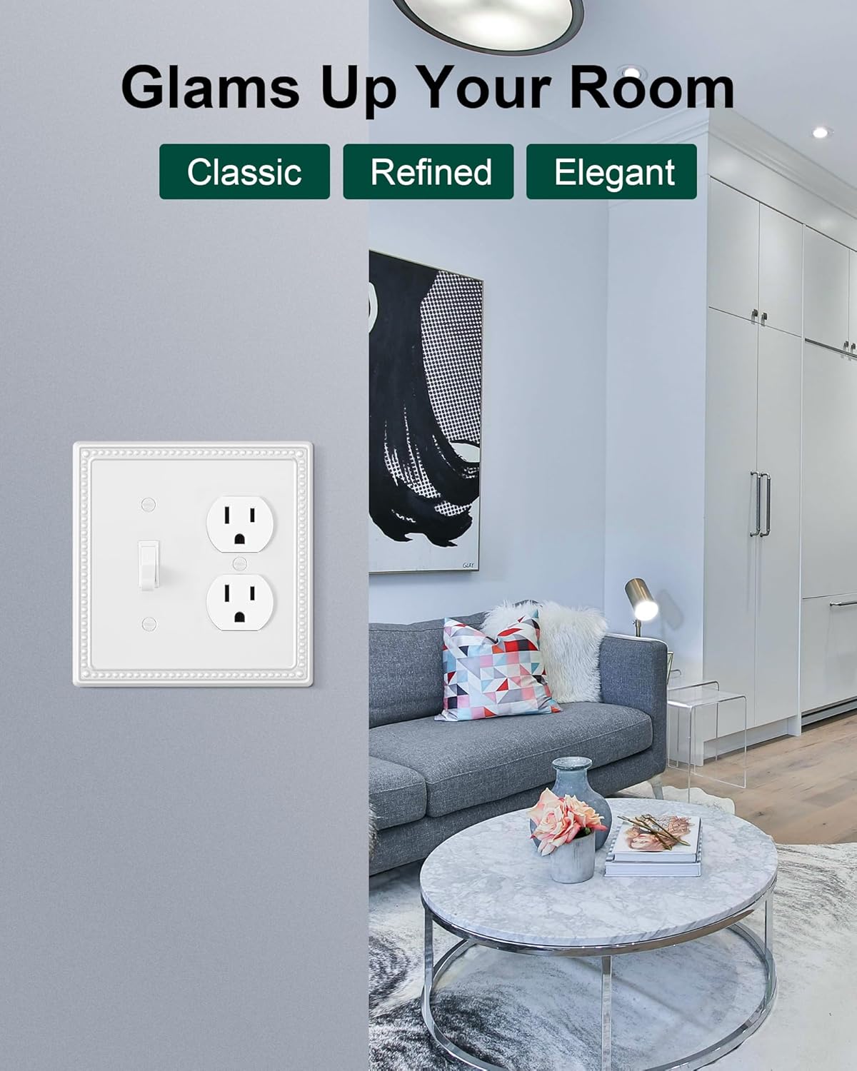 2-Pack Combo Toggle/Duplex Light Switch Cover Plate, Pure White Metal Wall Outlet Cover Plate