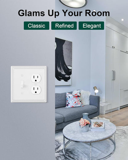 2-Pack Combo Toggle/Duplex Light Switch Cover Plate, Pure White Metal Wall Outlet Cover Plate