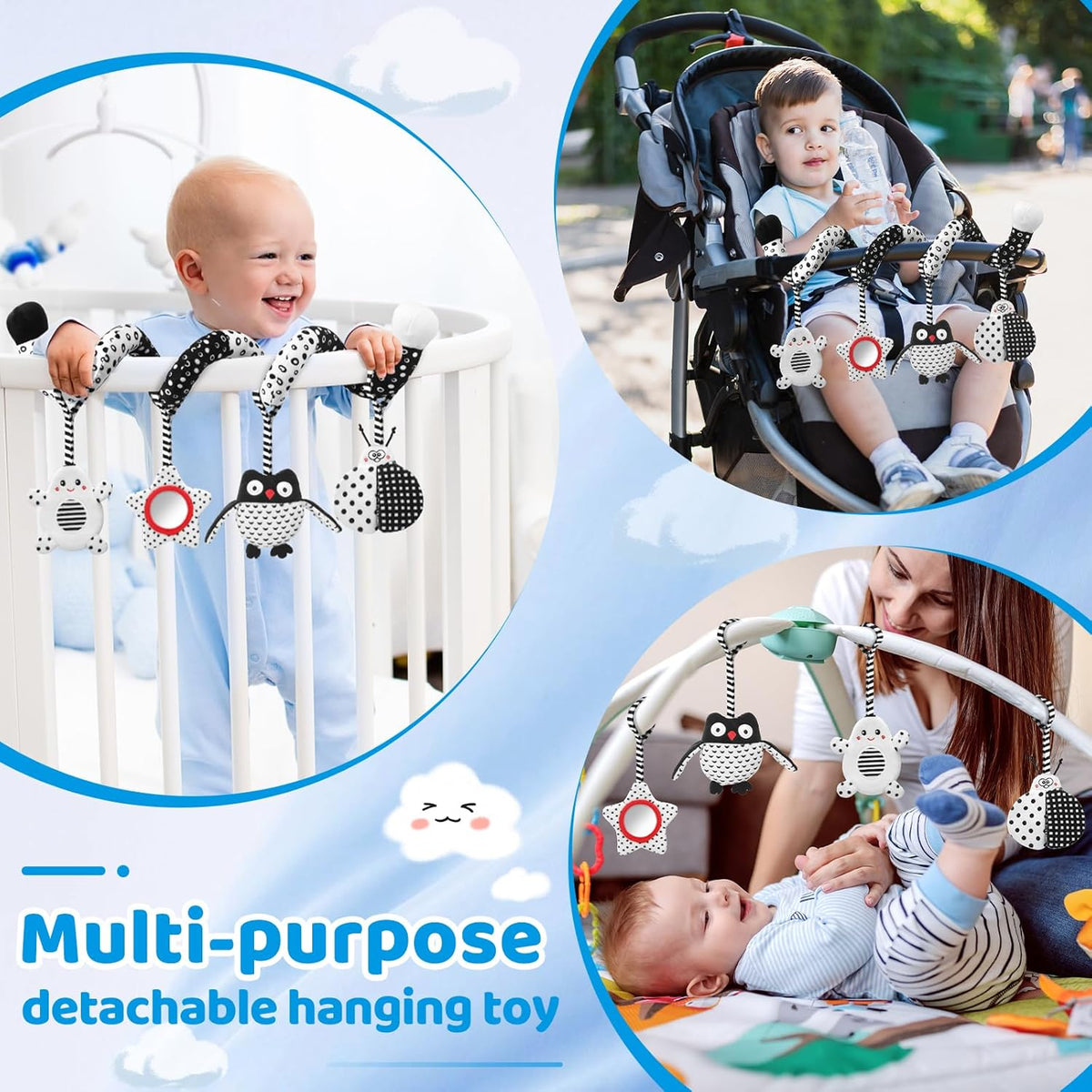 High Contrast Baby Toys - Black & White Hanging Toys for Car Seat, Stroller & Crib | Newborn