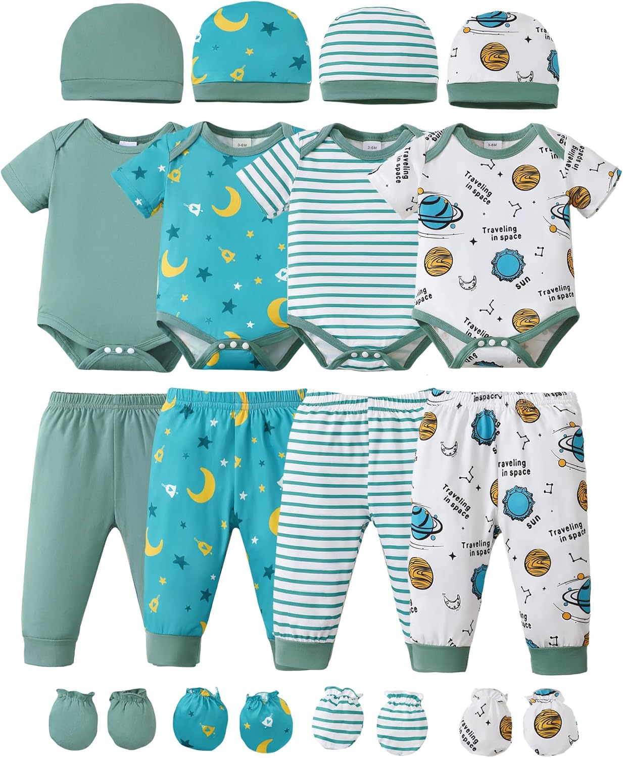 NZRVAWS Newborn Baby Boy Girl Clothes Unisex Infant Romper Pants Set Hat 4-Pack Outfits 0-12 Months