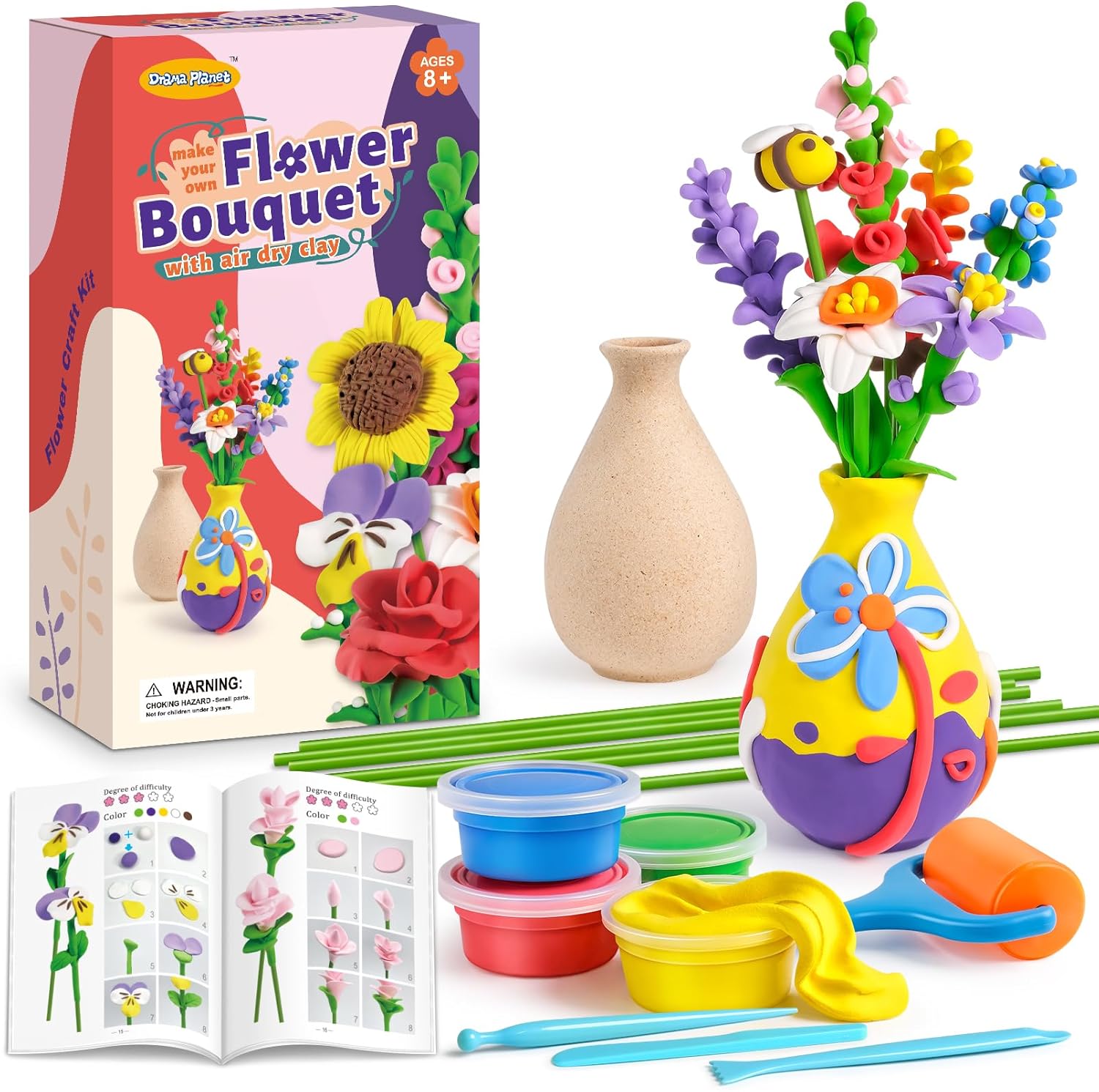 Drama Planet Flower Craft Kit for Kids, Make Your Own Flower Bouquet with Air Dry Clay, Arrange