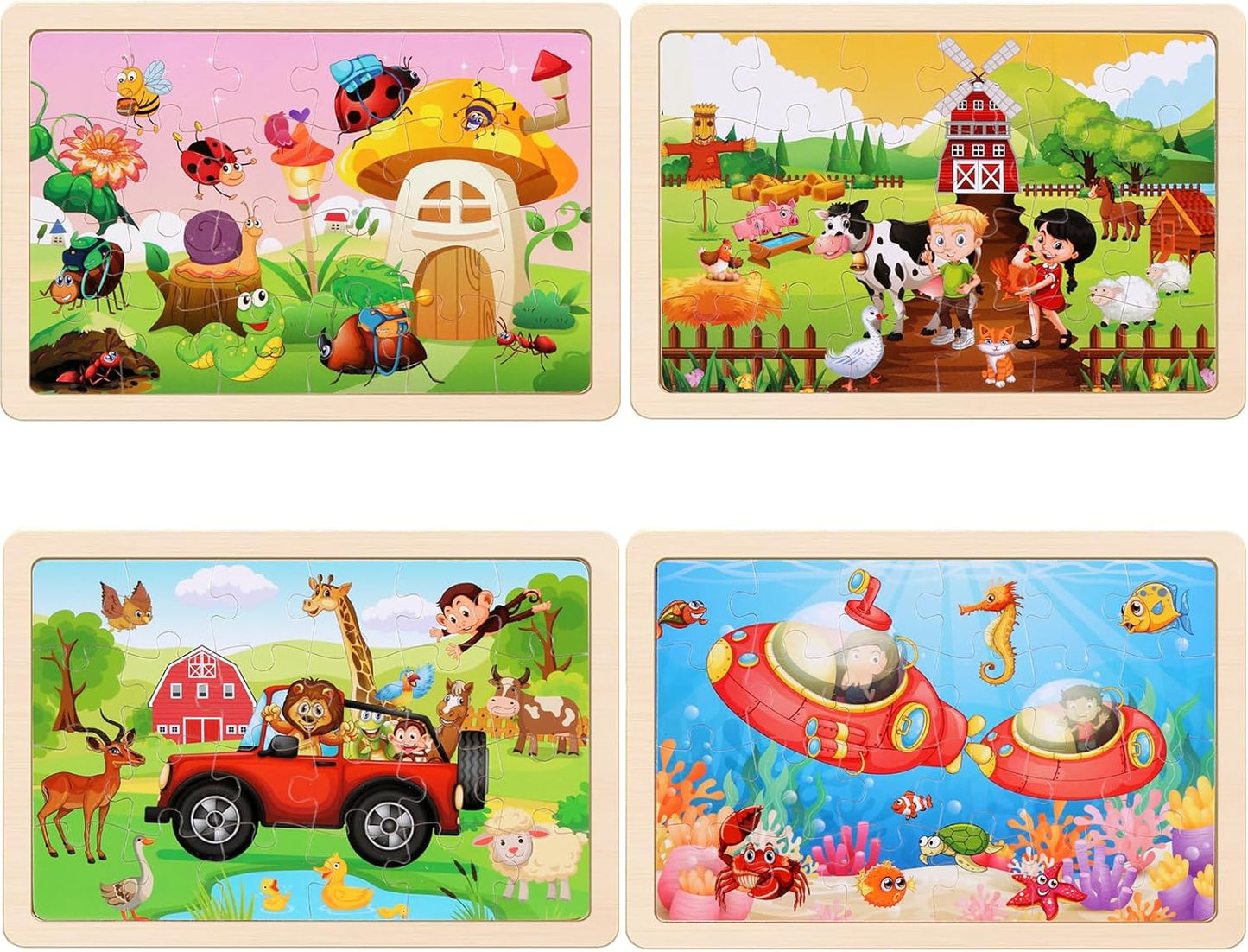 Wooden Puzzles Toys for Kids Ages 3-5, Set of 4 Packs with 20-Piece Farm, Animals Theme Wood Jigsaw