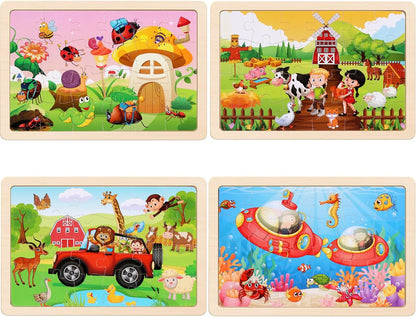 Wooden Puzzles Toys for Kids Ages 3-5, Set of 4 Packs with 20-Piece Farm, Animals Theme Wood Jigsaw