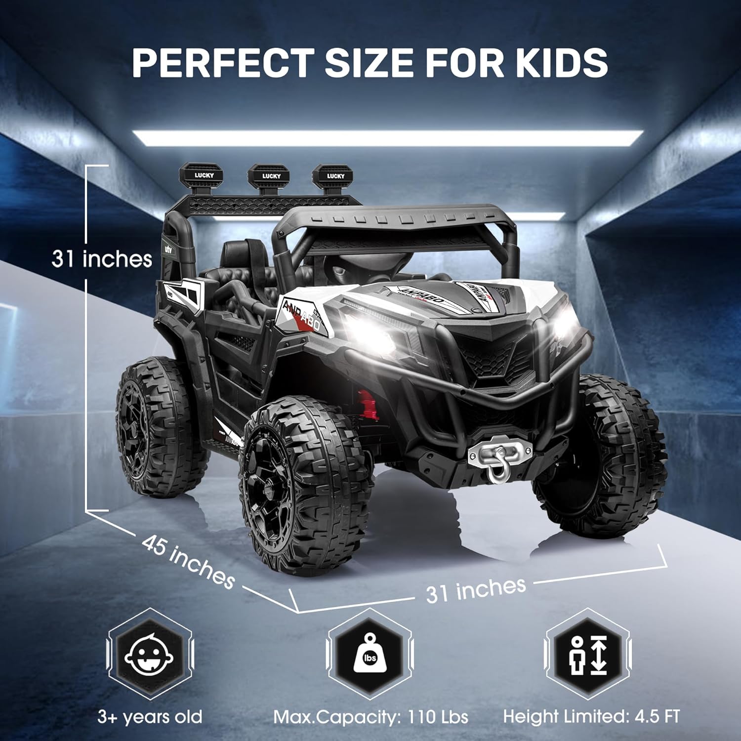 ANPABO 24V 4X4 Ride on Car Truck w/Remote Control, 4WD/2WD Switchable Kids UTV, 19" Spacious Seat