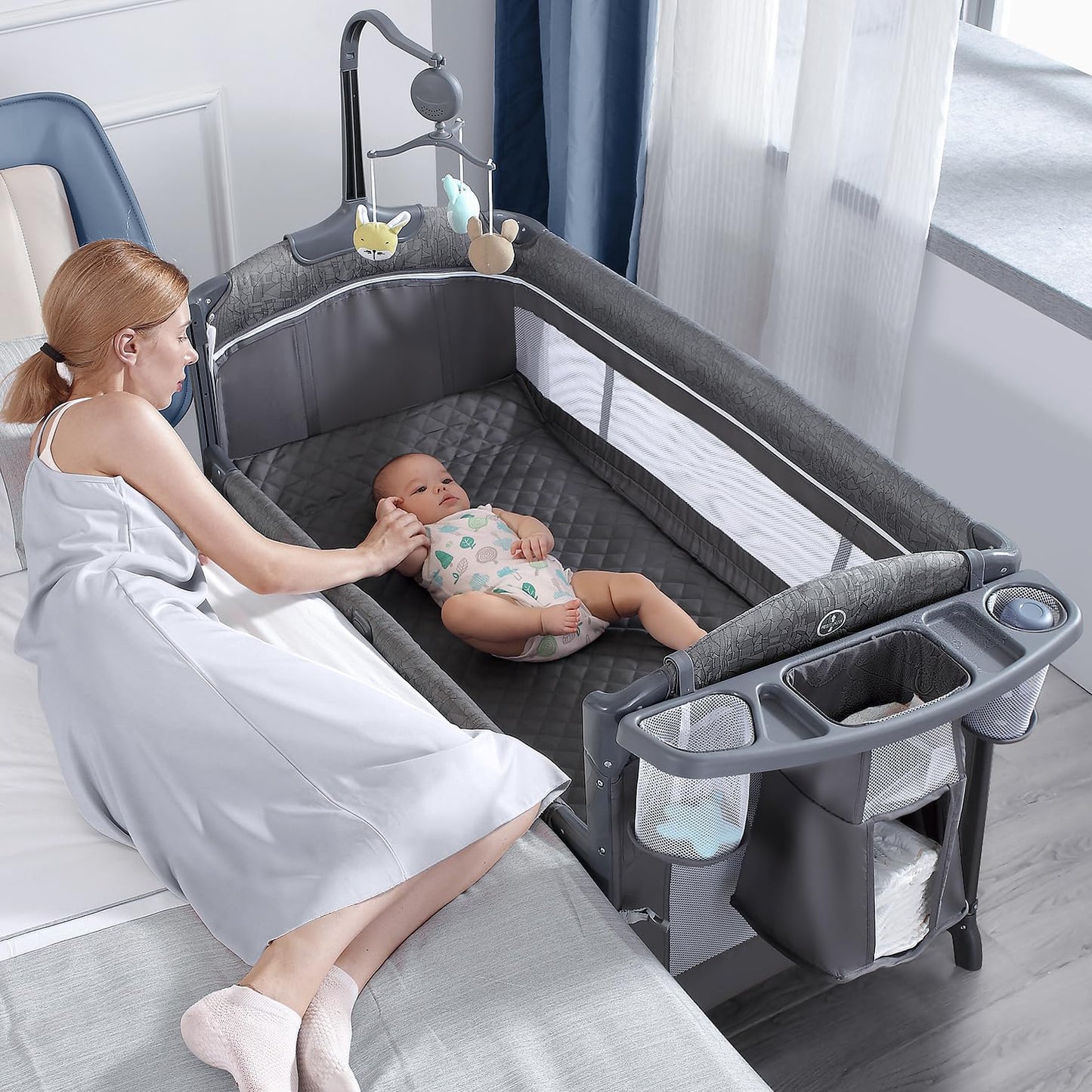 BabyBond Baby Bassinet Bedside Crib, Pack and Play with Sheet, Diaper Changing Table and Music