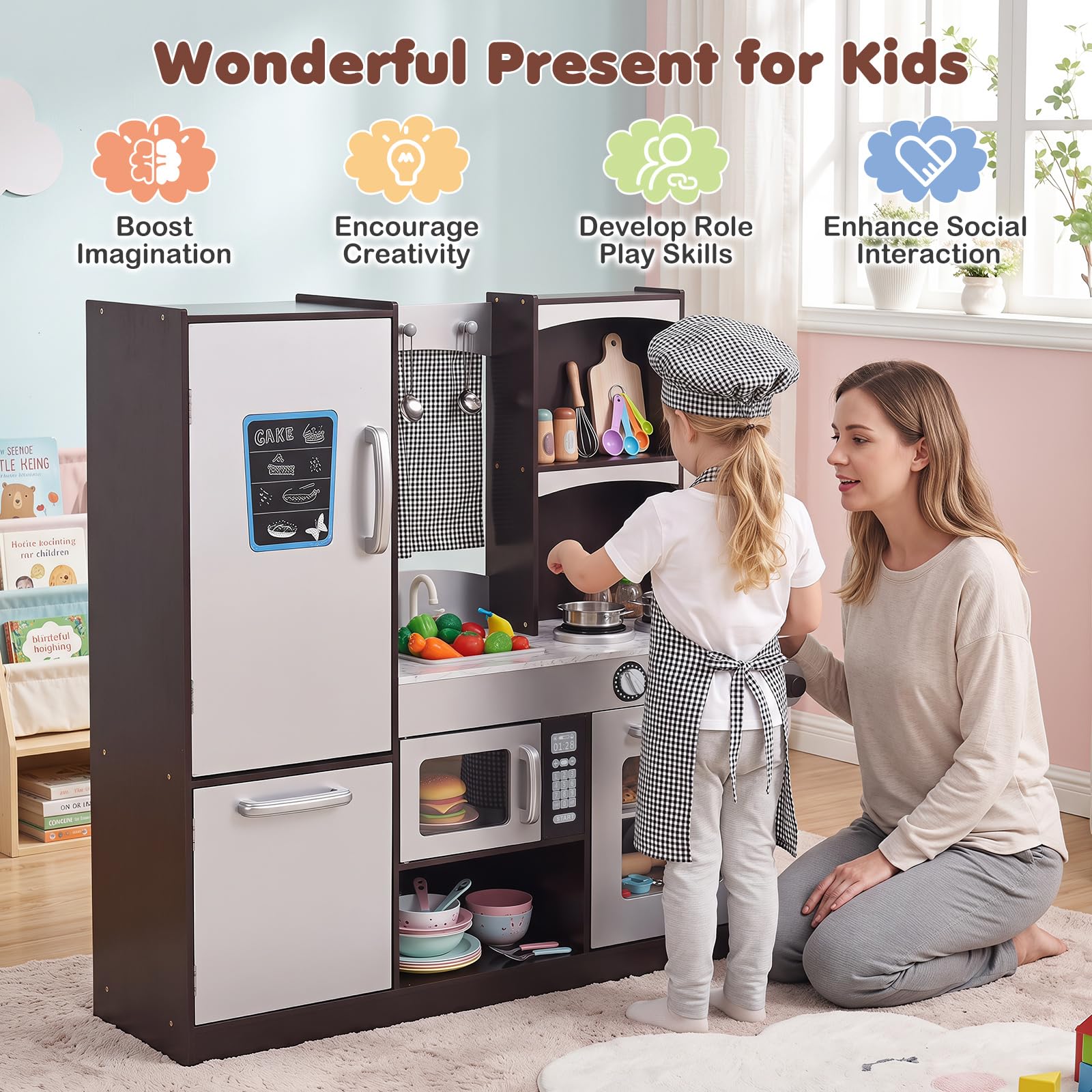 Costzon Kids Play Kitchen, Wooden Kids Kitchen Playset w/Realistic Sound, Microwave, Oven