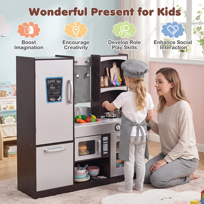 Costzon Kids Play Kitchen, Wooden Kids Kitchen Playset w/Realistic Sound, Microwave, Oven