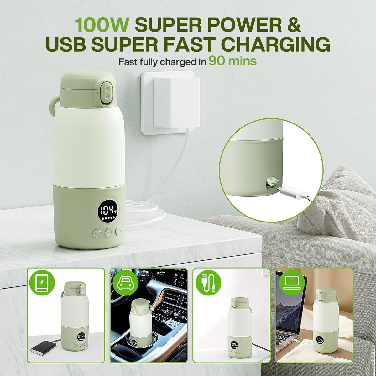 Portable Bottle Warmer for Travel, 2-Min Fast Heating Baby Bottle Warmer,12.8oz Formula Container