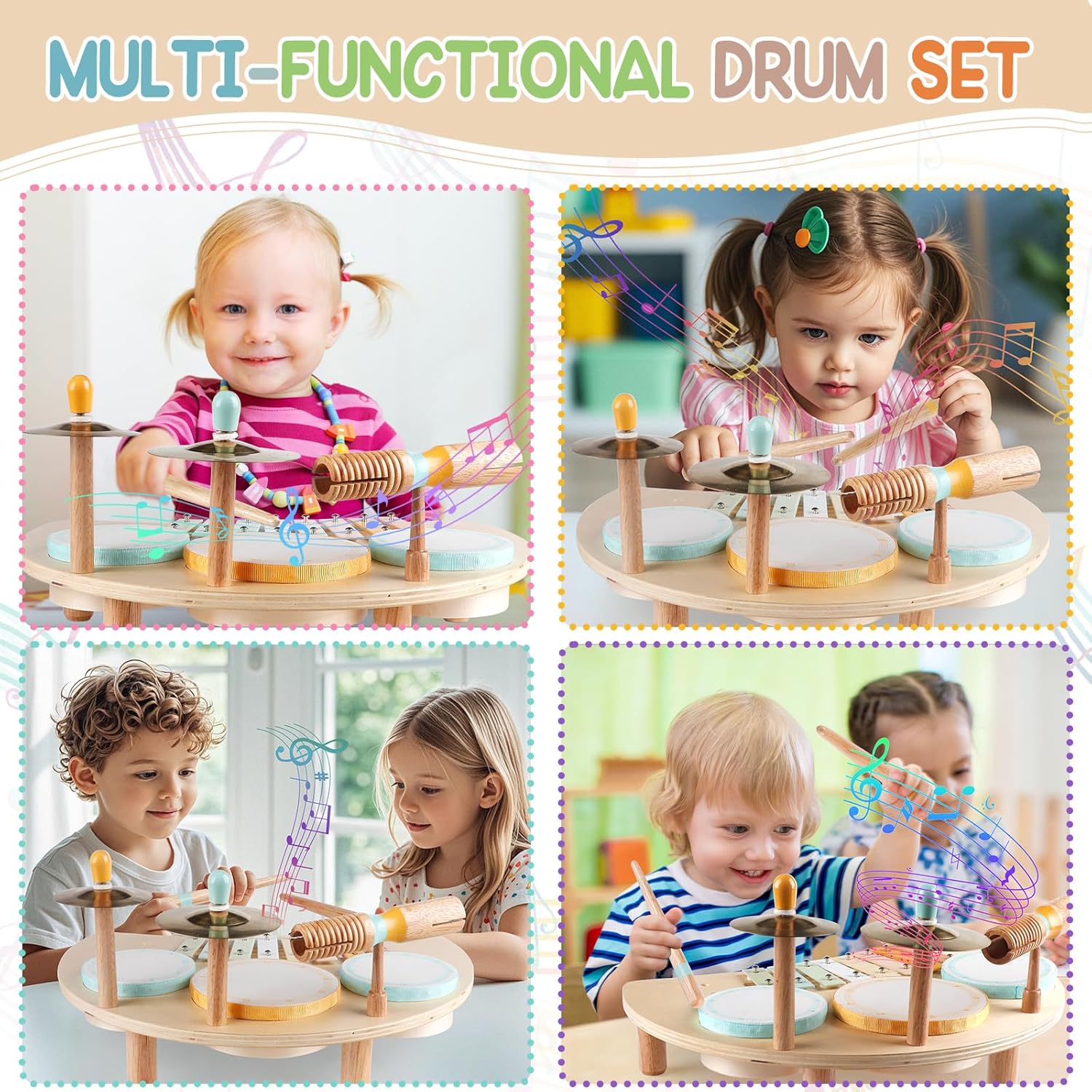 Kids Drum Set, Montessori Musical Instruments for Toddlers 1-3, Wooden Musical Toys for Baby 12-18