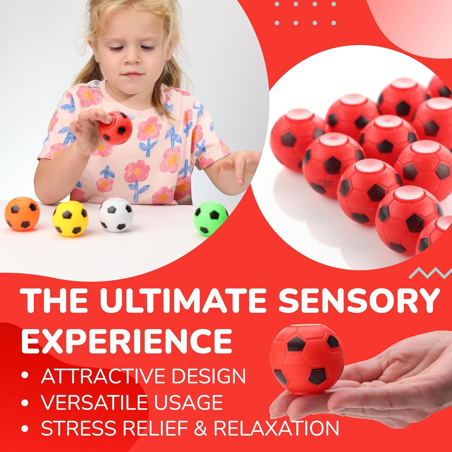 Fidget Spinners - 2 Inch Fidget Spinner Balls 12 Pcs Fidget Spinner Pack - Red Soccer Fidget